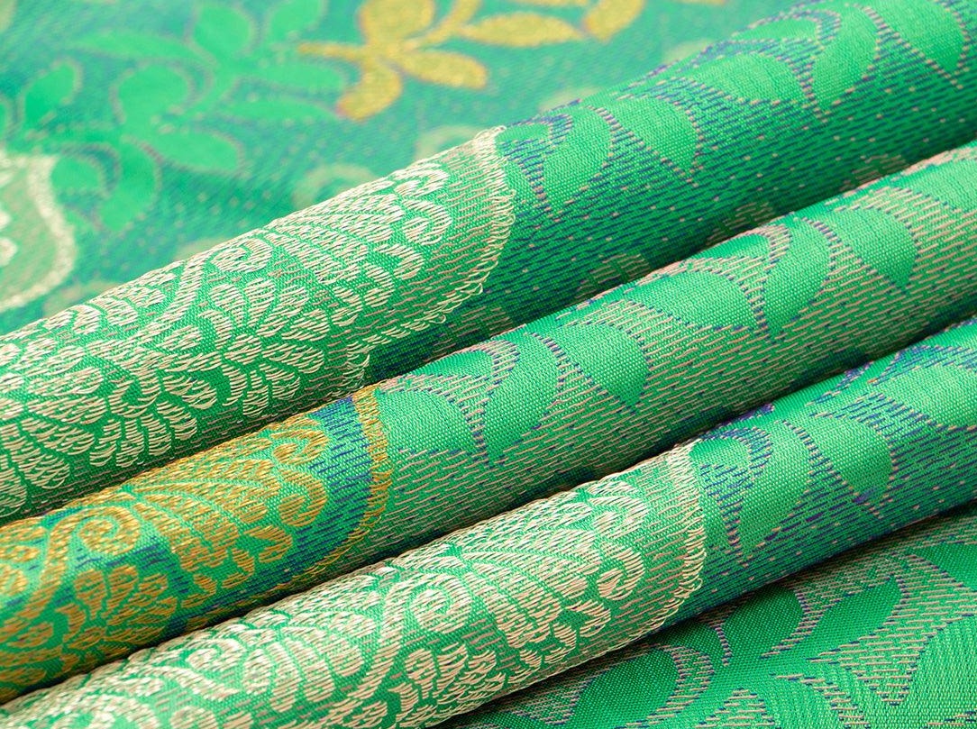 Green And Pink Kanchipuram Silk Saree With Silver Zari Handwoven Pure Silk Pure Zari For Wedding Wear PV NYC 223 - Silk Sari - Panjavarnam PV NYC 223