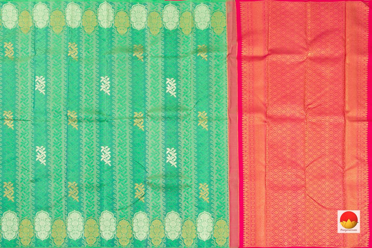 Green And Pink Kanchipuram Silk Saree With Silver Zari Handwoven Pure Silk Pure Zari For Wedding Wear PV NYC 223 - Silk Sari - Panjavarnam PV NYC 223