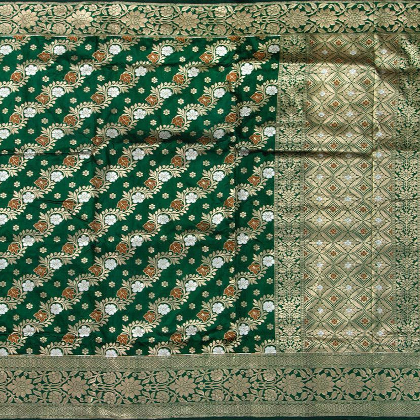 Green Tanchoi Banarasi Silk Saree Handwoven Pure Silk For Festive Wear. PB SN 102 - Banarasi Silk - Panjavarnam PB SN 102