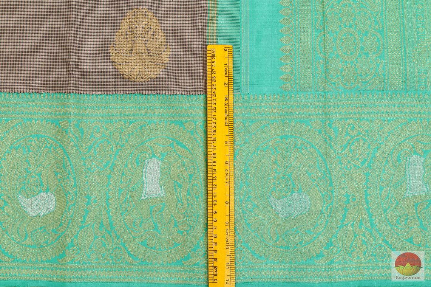 Grey And Turquoise Green Kanchipuram Silk Saree Handwoven Pure Silk Pure Zari For Party Wear PV ASB 14 A - Silk Sari - Panjavarnam PV ASB 14