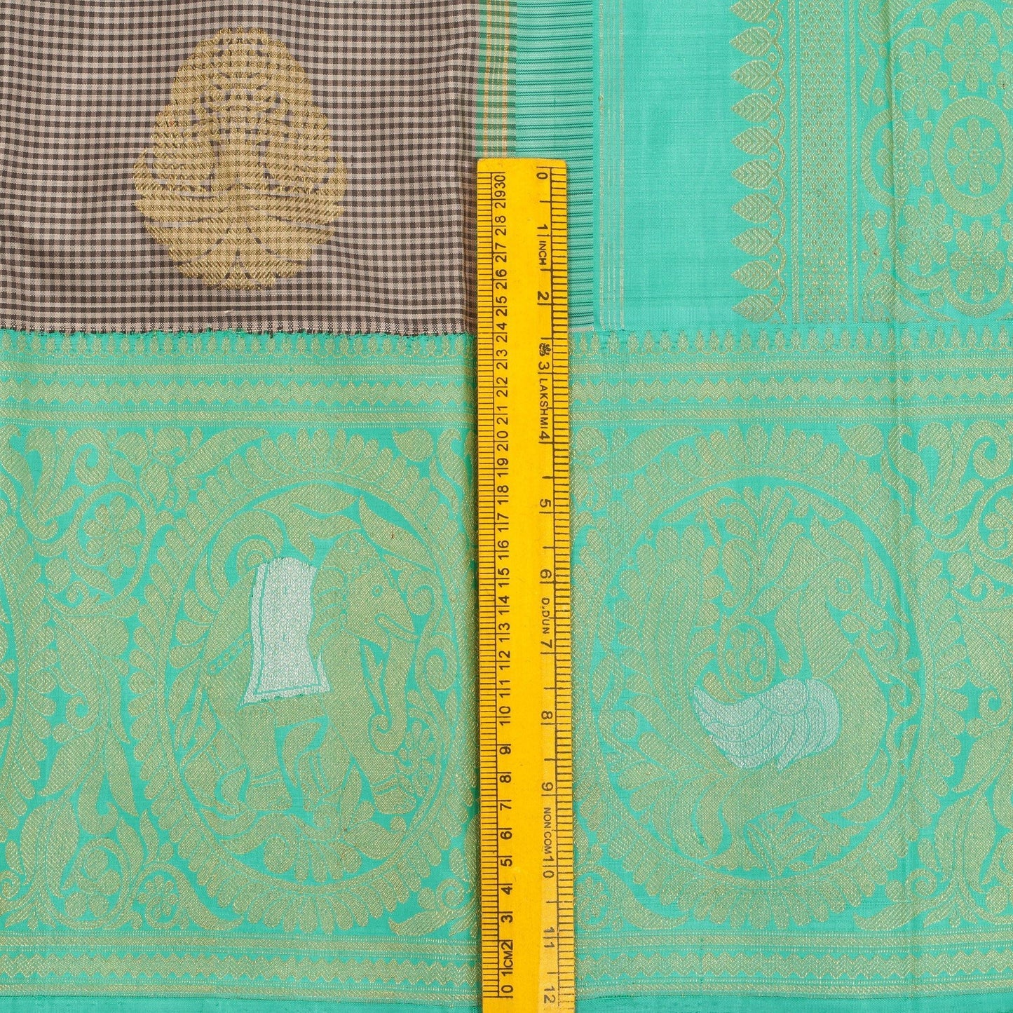 Grey And Turquoise Green Kanchipuram Silk Saree Handwoven Pure Silk Pure Zari For Party Wear PV ASB 14 A - Silk Sari - Panjavarnam PV ASB 14