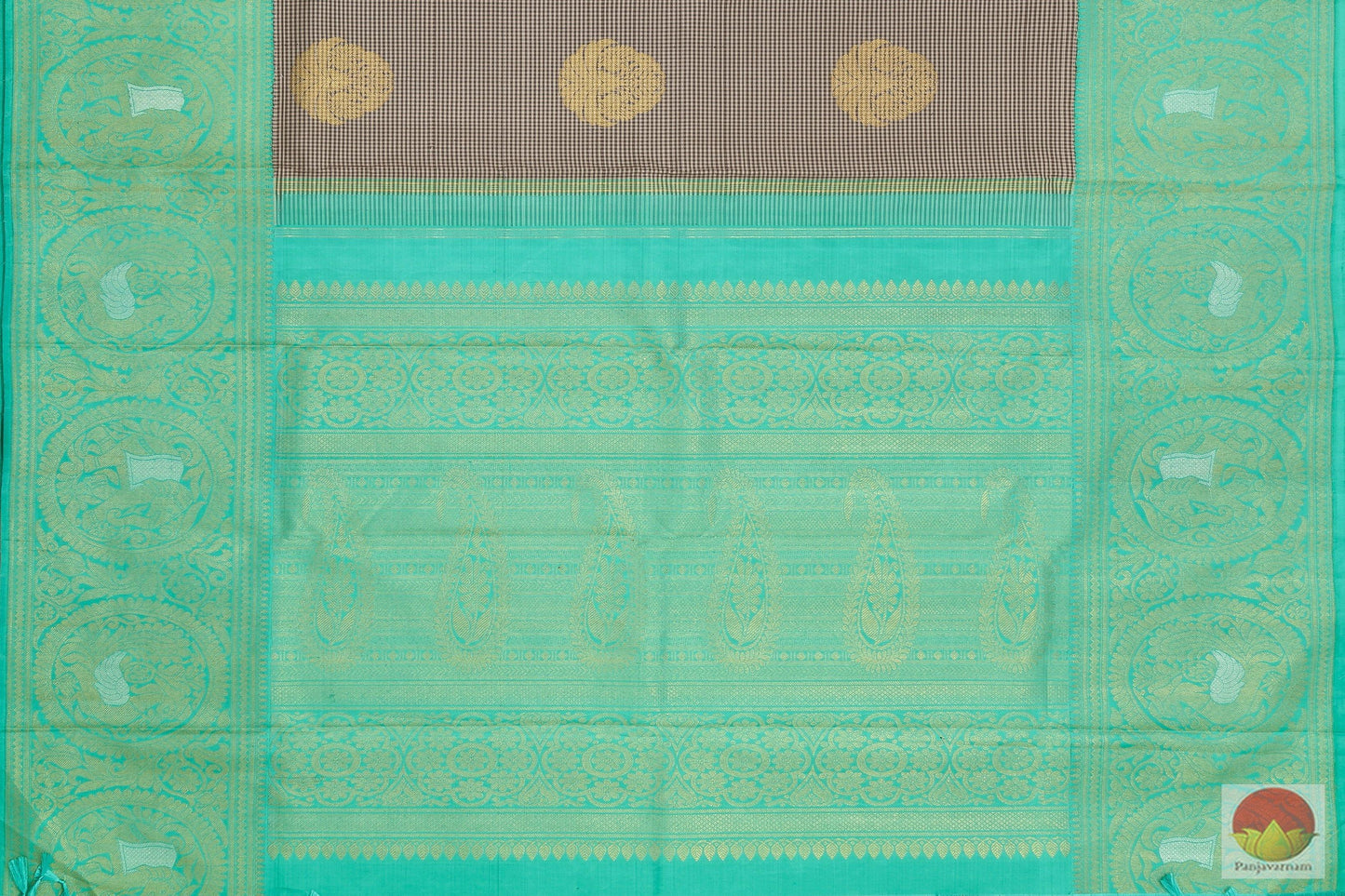 Grey And Turquoise Green Kanchipuram Silk Saree Handwoven Pure Silk Pure Zari For Party Wear PV ASB 14 A - Silk Sari - Panjavarnam PV ASB 14