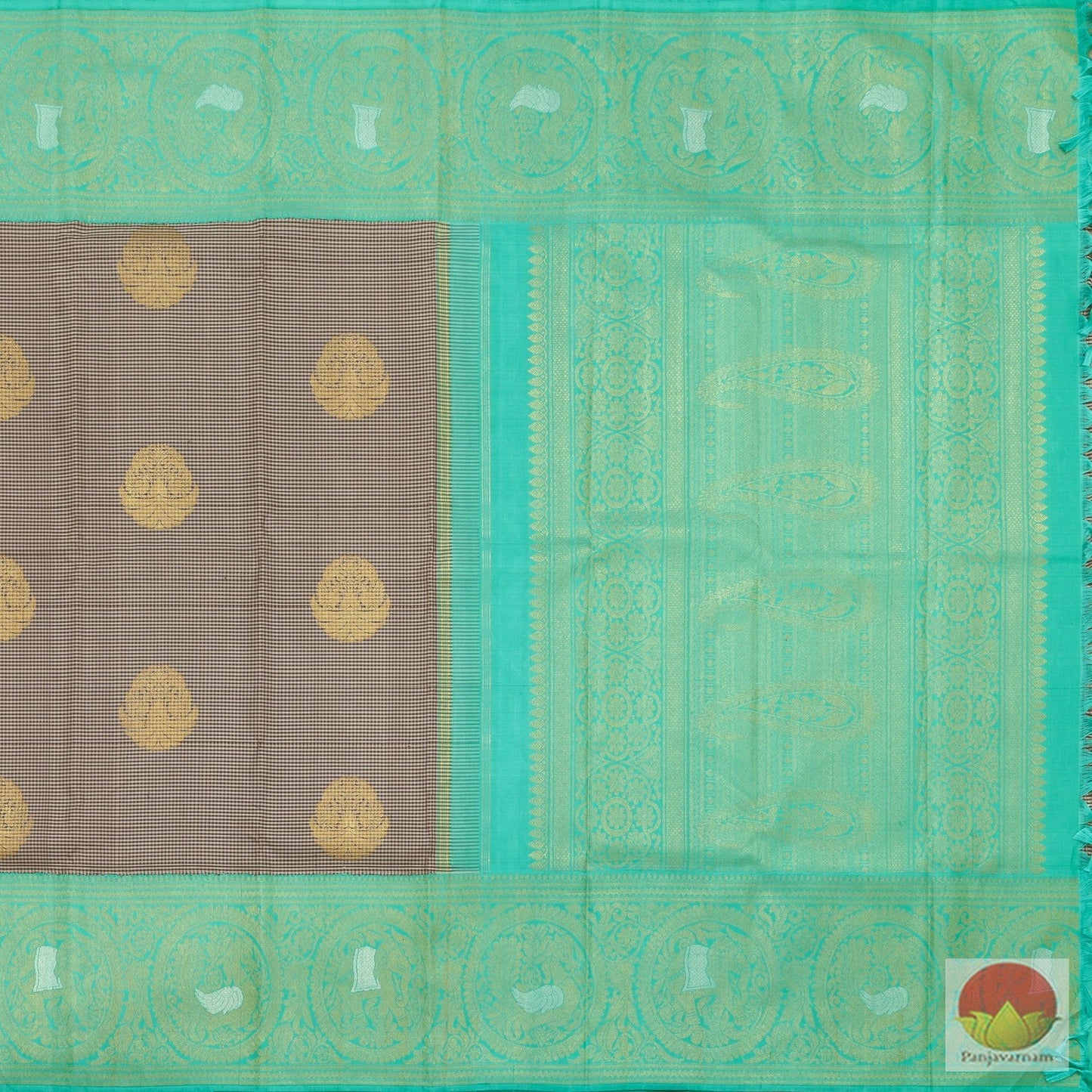 Grey And Turquoise Green Kanchipuram Silk Saree Handwoven Pure Silk Pure Zari For Party Wear PV ASB 14 A - Silk Sari - Panjavarnam PV ASB 14