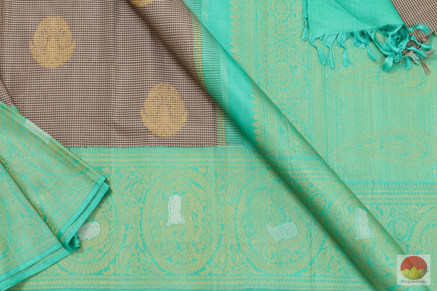 Grey And Turquoise Green Kanchipuram Silk Saree Handwoven Pure Silk Pure Zari For Party Wear PV ASB 14 A - Silk Sari - Panjavarnam PV ASB 14