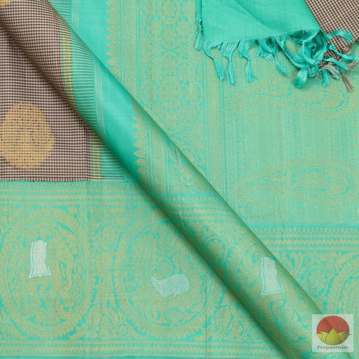 Grey And Turquoise Green Kanchipuram Silk Saree Handwoven Pure Silk Pure Zari For Party Wear PV ASB 14 A - Silk Sari - Panjavarnam PV ASB 14
