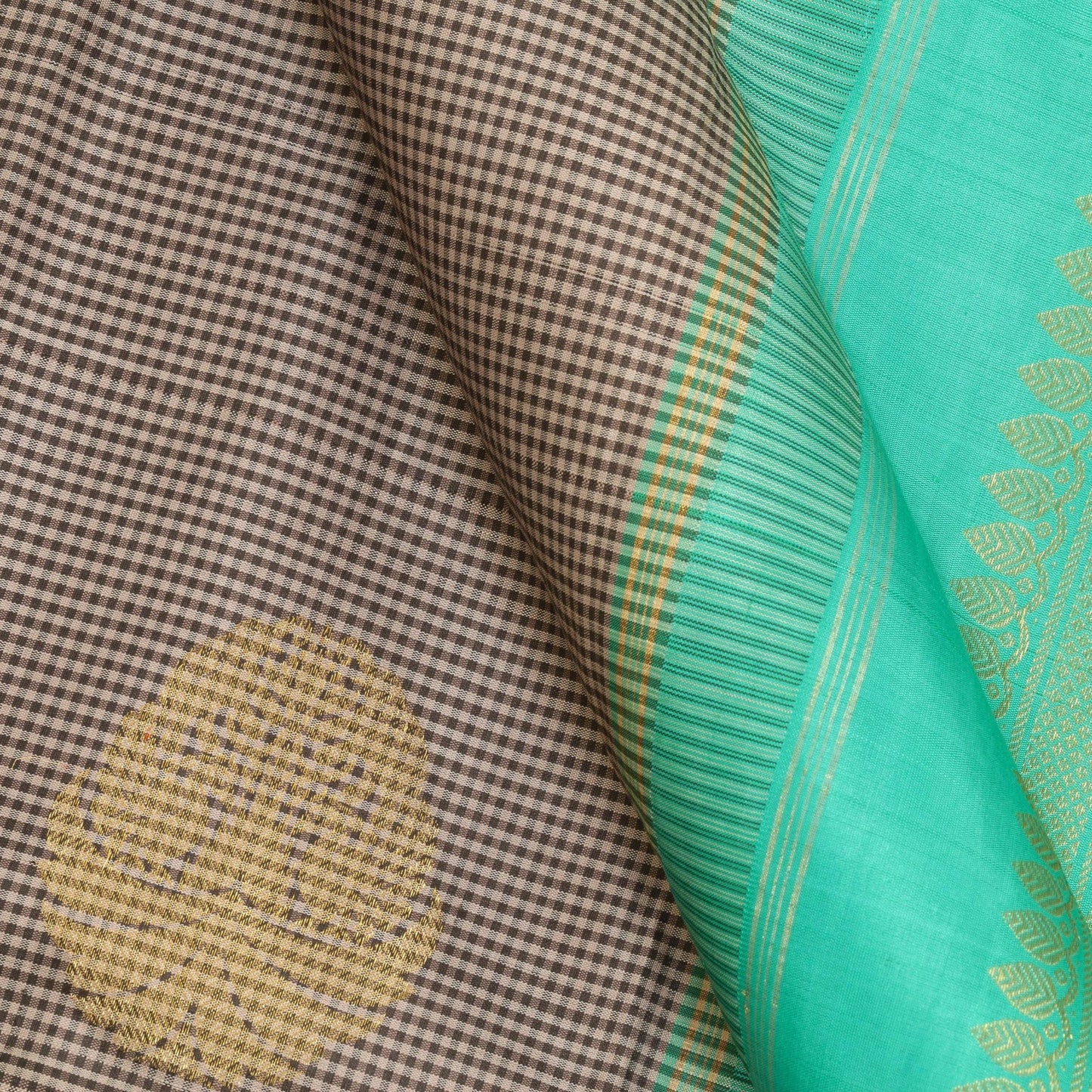 Grey And Turquoise Green Kanchipuram Silk Saree Handwoven Pure Silk Pure Zari For Party Wear PV ASB 14 A - Silk Sari - Panjavarnam PV ASB 14