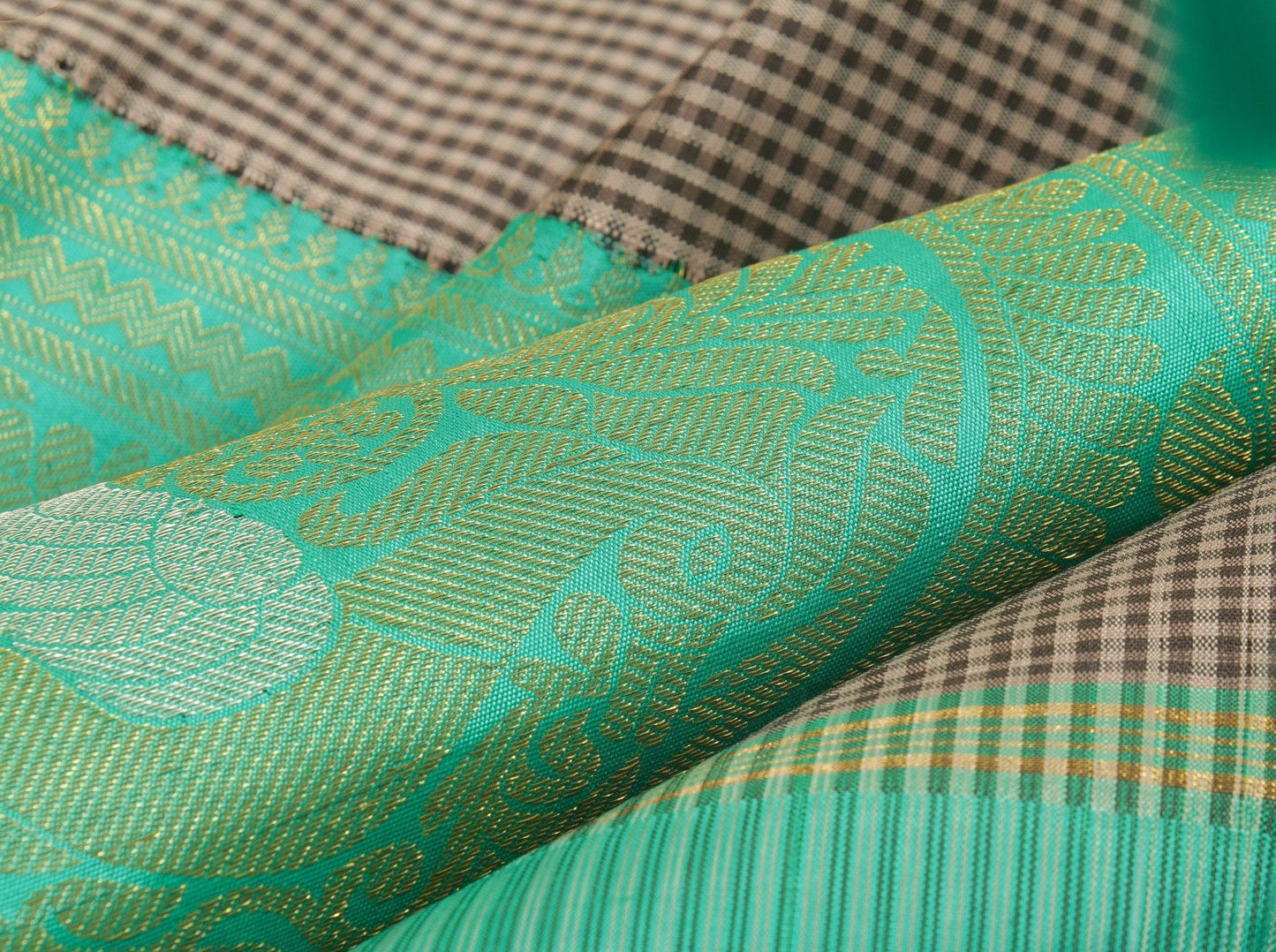Grey And Turquoise Green Kanchipuram Silk Saree Handwoven Pure Silk Pure Zari For Party Wear PV ASB 14 A - Silk Sari - Panjavarnam PV ASB 14