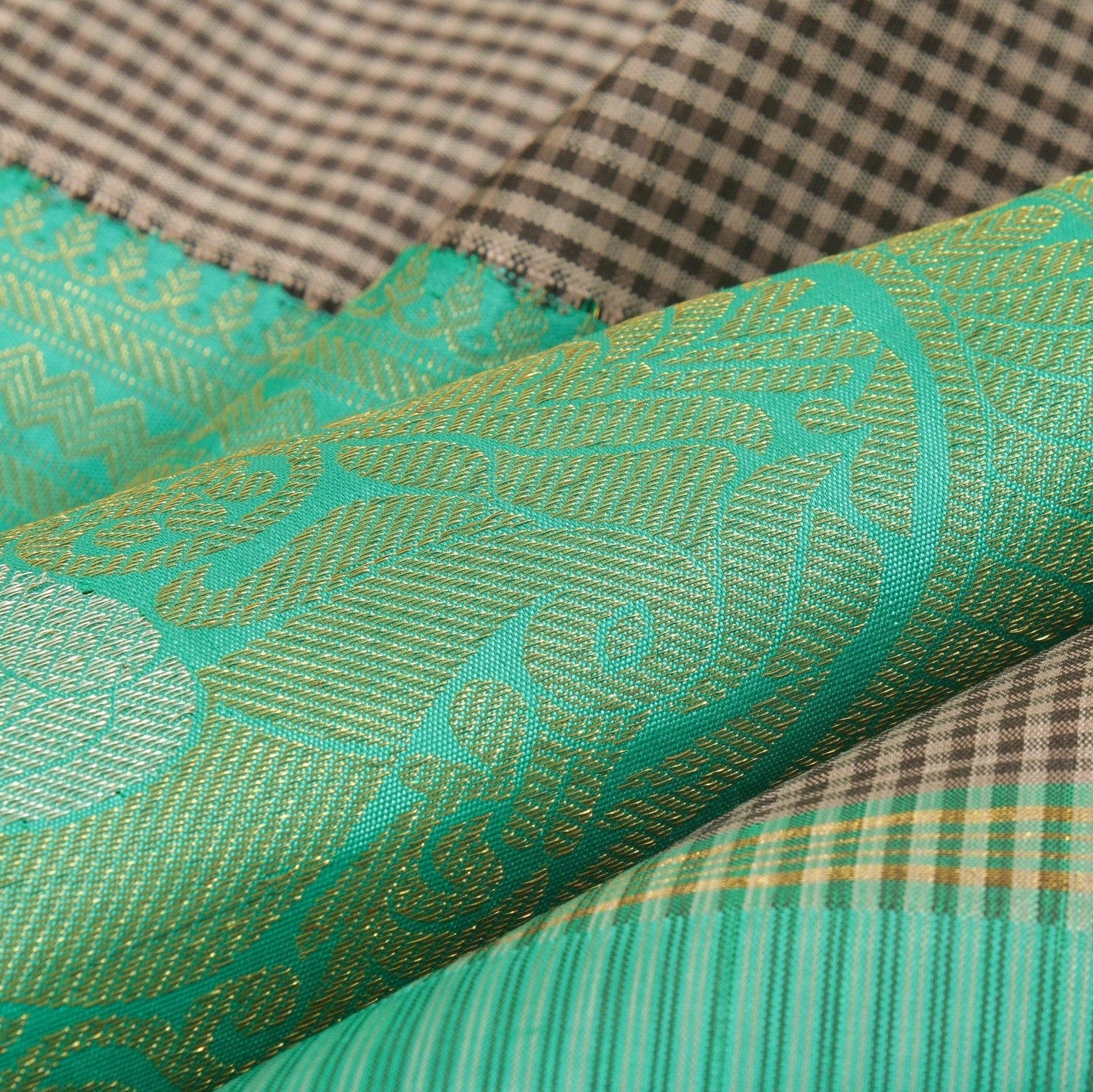 Grey And Turquoise Green Kanchipuram Silk Saree Handwoven Pure Silk Pure Zari For Party Wear PV ASB 14 A - Silk Sari - Panjavarnam PV ASB 14