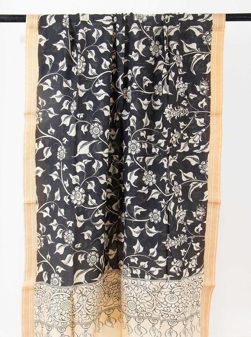 Handpainted Kalamkari Mangalgiri Dupatta With Zari Border PVD 1027 - Dupattas - Panjavarnam PVD 1027