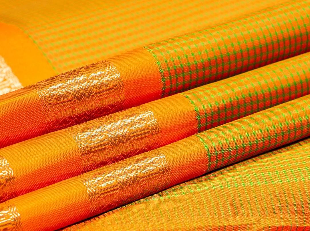 Mustard And Green Kanchipuram Silk Saree Khasa Khasa Checks Handwoven Pure Silk Pure Zari PV NYC 247 - Silk Sari - Panjavarnam PV NYC 247