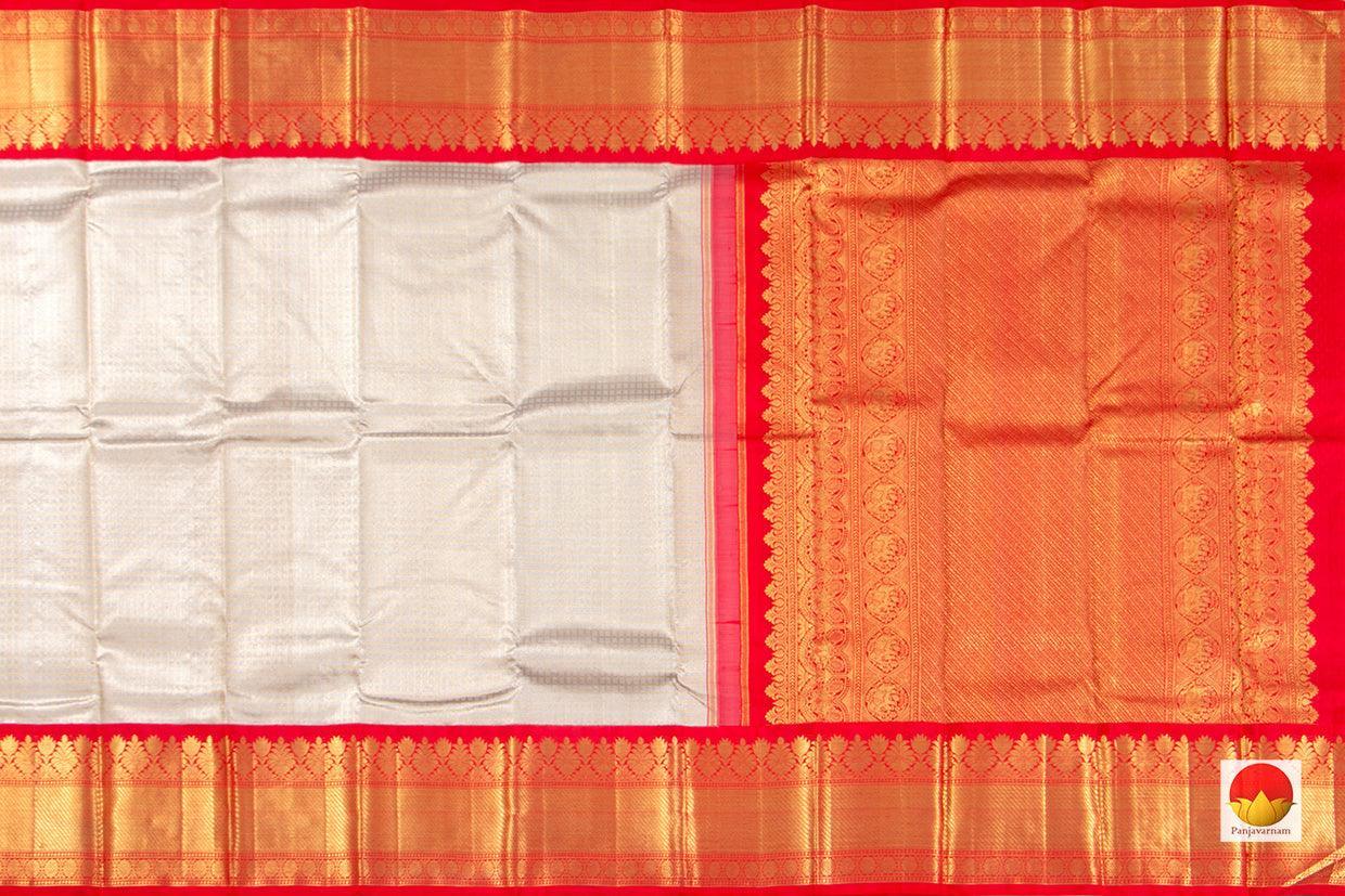 Off White And Red Kanchipuram Silk Saree Handwoven Pure Silk Pure Zari For Wedding Wear NYC 454 - Saris & Lehengas - Panjavarnam pv nyc 454