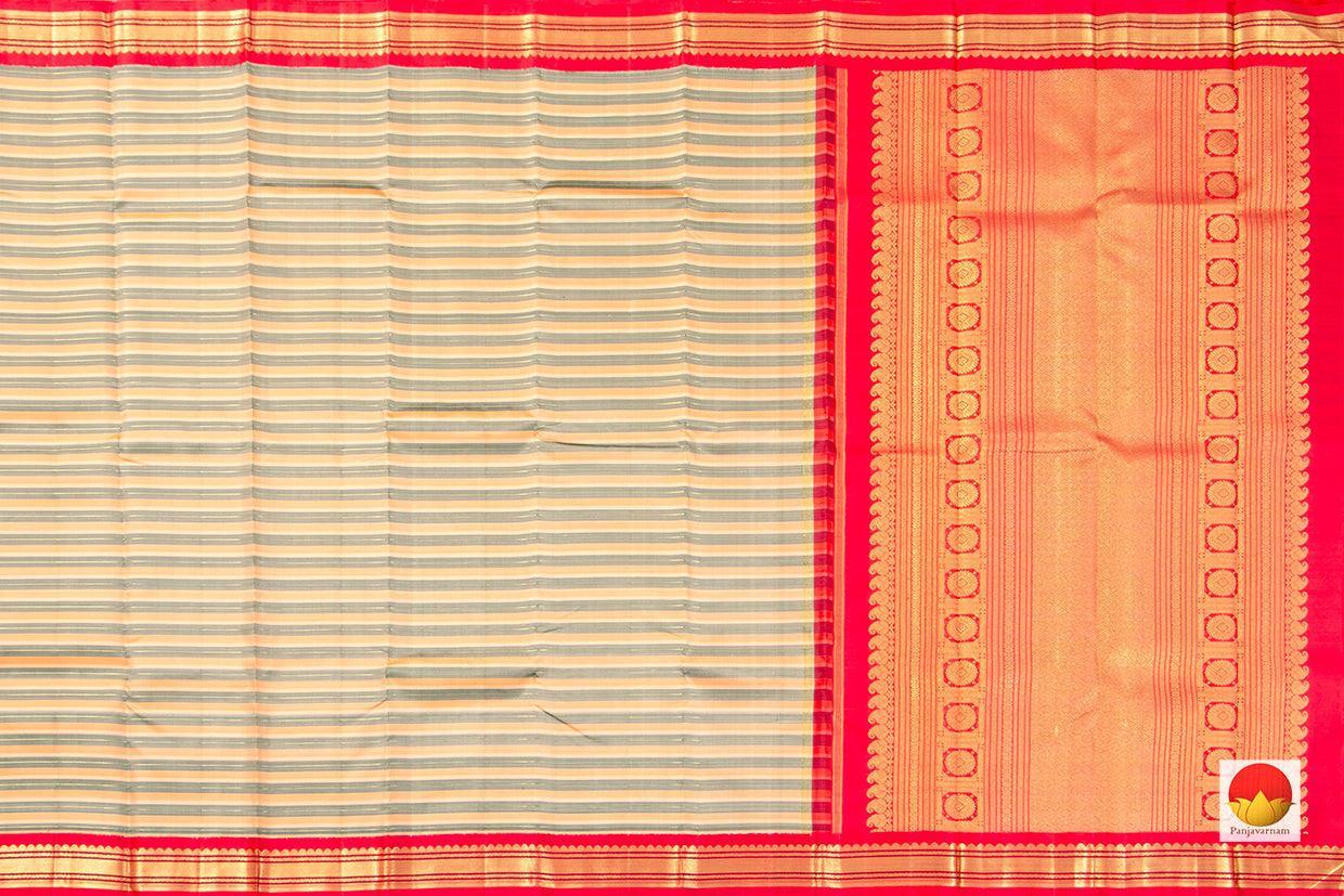Off White And Red Kanchipuram Silk Saree With Thandavalam Stripes Handwoven Pure Silk Pure Zari For Festive Wear PV NYC 428 - Silk Sari - Panjavarnam PV NYC 428