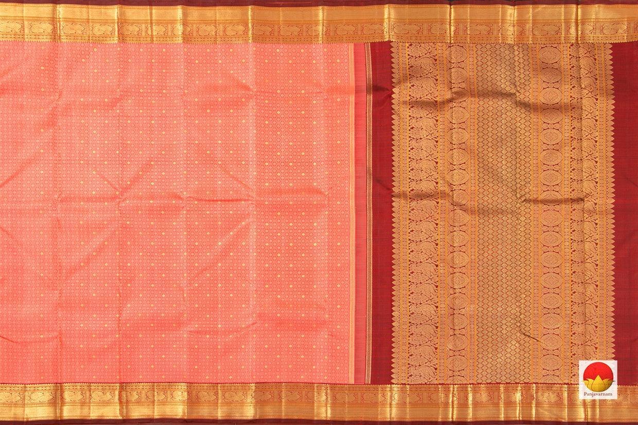 Peach And Maroon Kanchipuram Silk Saree Handwoven Pure Silk Pure Zari For Wedding Wear PV NYC 379 - Silk Sari - Panjavarnam PV NYC 379