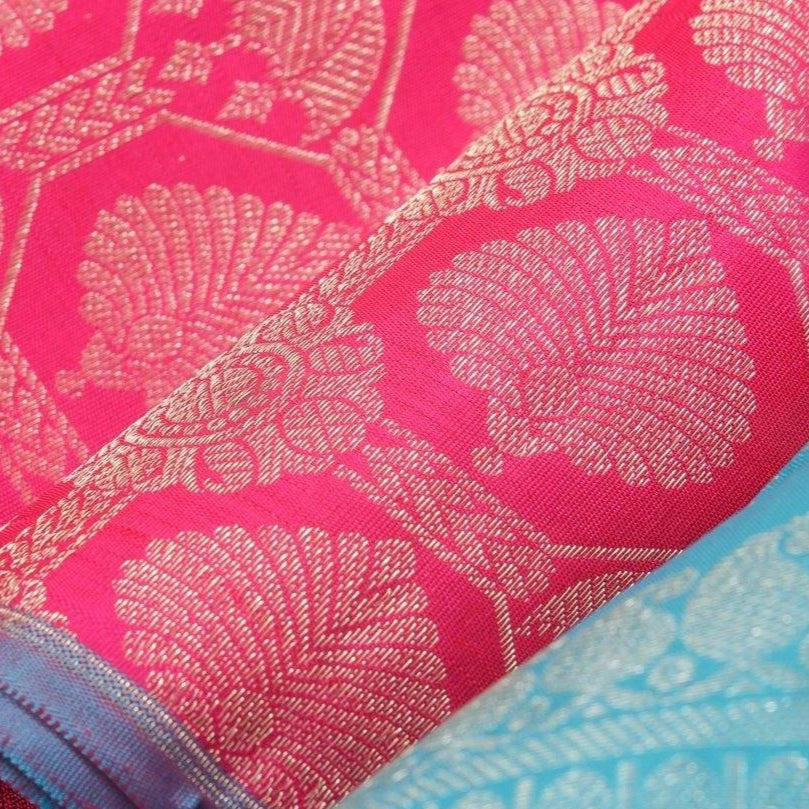 Pink And Blue Borderless Kanchipuram Silk Saree Handwoven Pure Silk Pure Zari For Wedding Wear PV G 4146 - Silk Sari - Panjavarnam PV G 4146