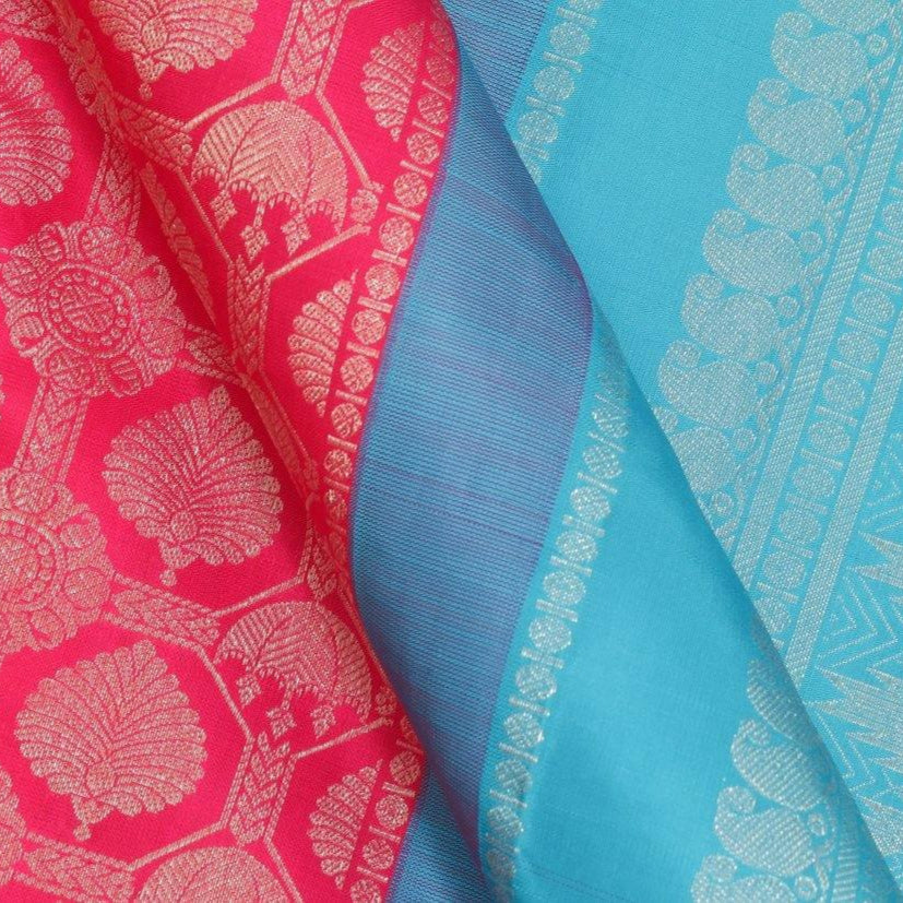 Pink And Blue Borderless Kanchipuram Silk Saree Handwoven Pure Silk Pure Zari For Wedding Wear PV G 4146 - Silk Sari - Panjavarnam PV G 4146