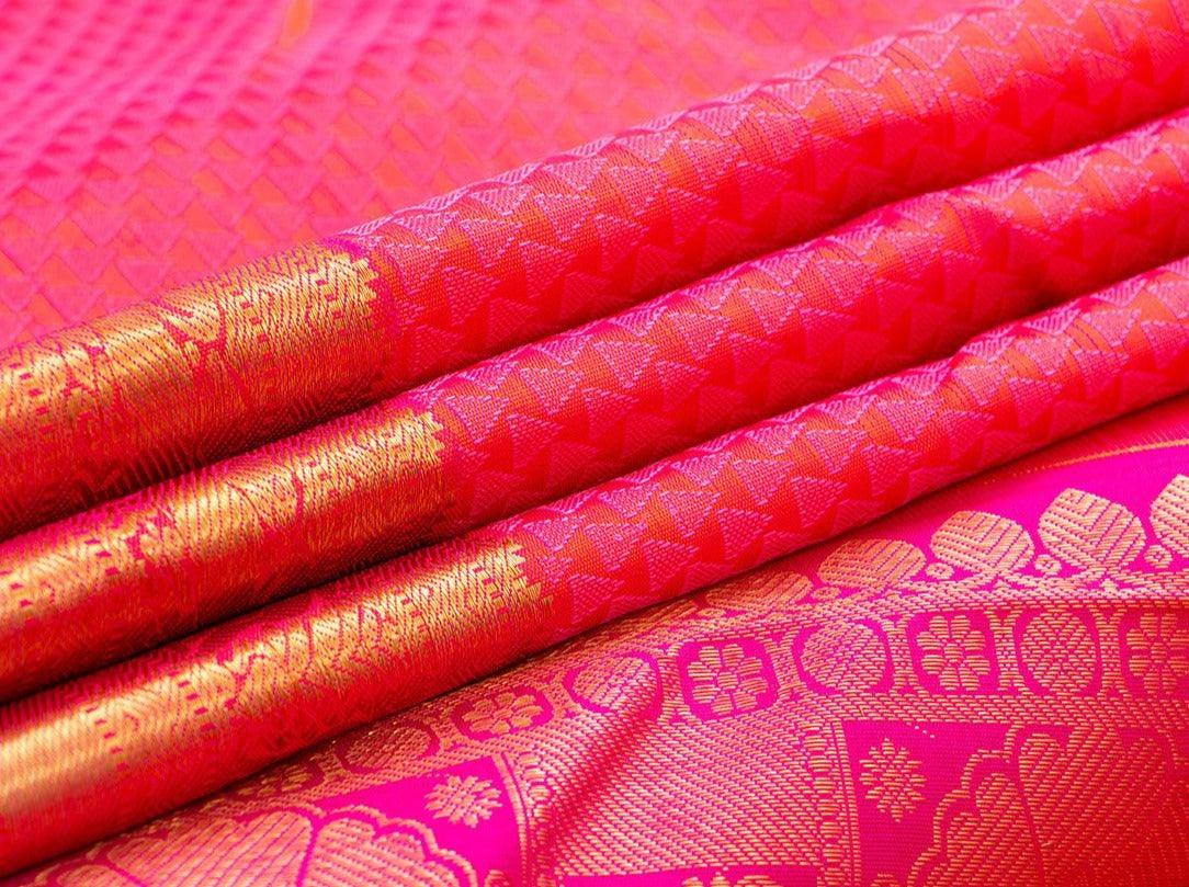 Pink Jacquard Kanchipuram Silk Saree Small Border Handwoven Pure Silk Pure Zari For Festive Wear PV NYC 473 - Silk Sari - Panjavarnam PV NYC 473