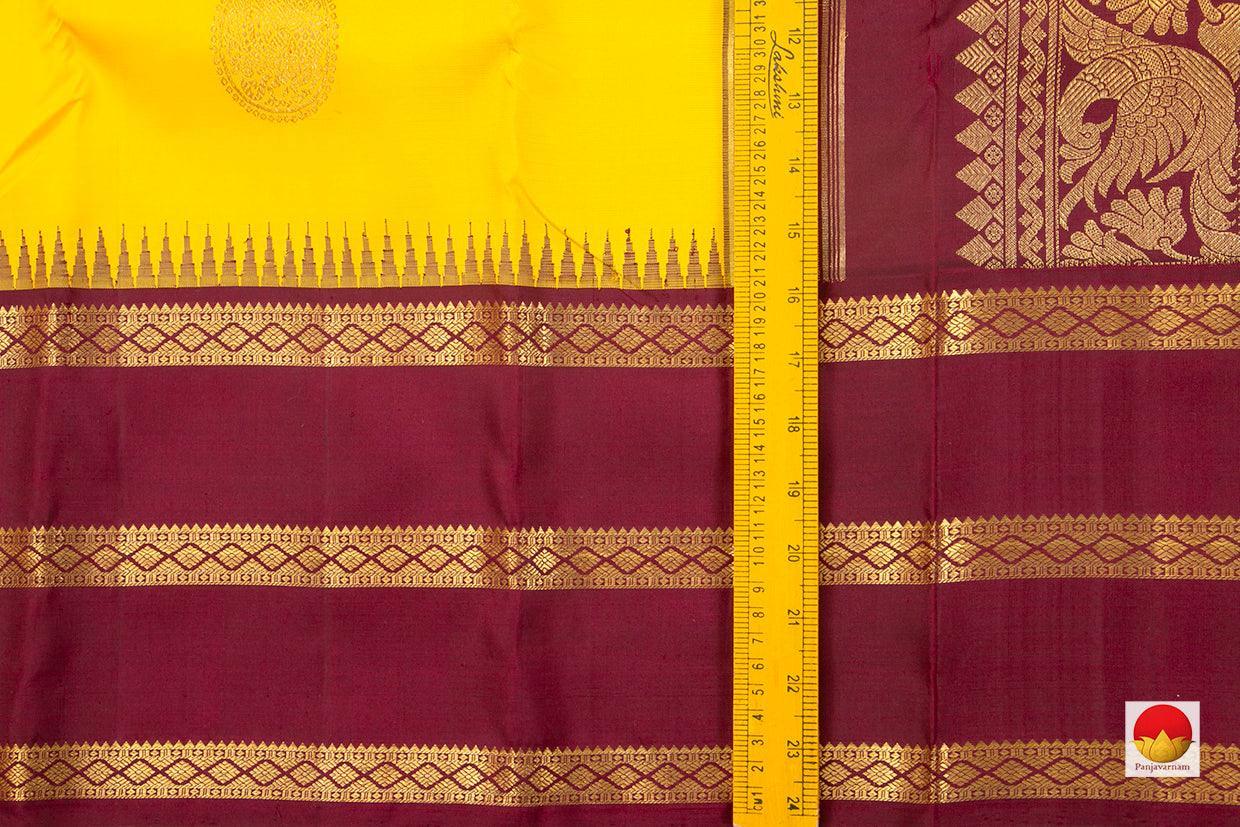 Turmeric Yellow And Maroon Kanchipuram Silk Saree Handwoven Pure Silk Pure Zari For Festive Wear PV NYC 476 - Silk Sari - Panjavarnam PV NYC 476
