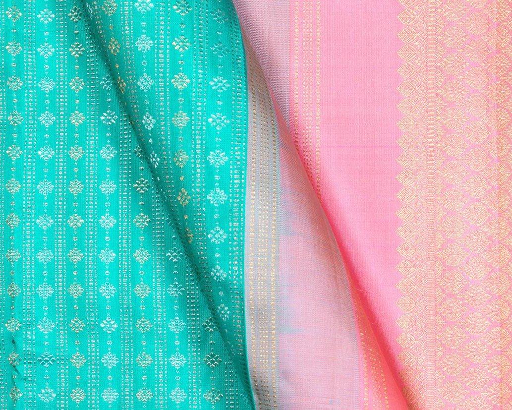 Turquoise Blue And Pastel Pink Borderless Kanchipuram SIlk Saree Handwoven Pure Silk Pure Zari PV NYC 252 - Silk Sari - Panjavarnam PV NYC 252