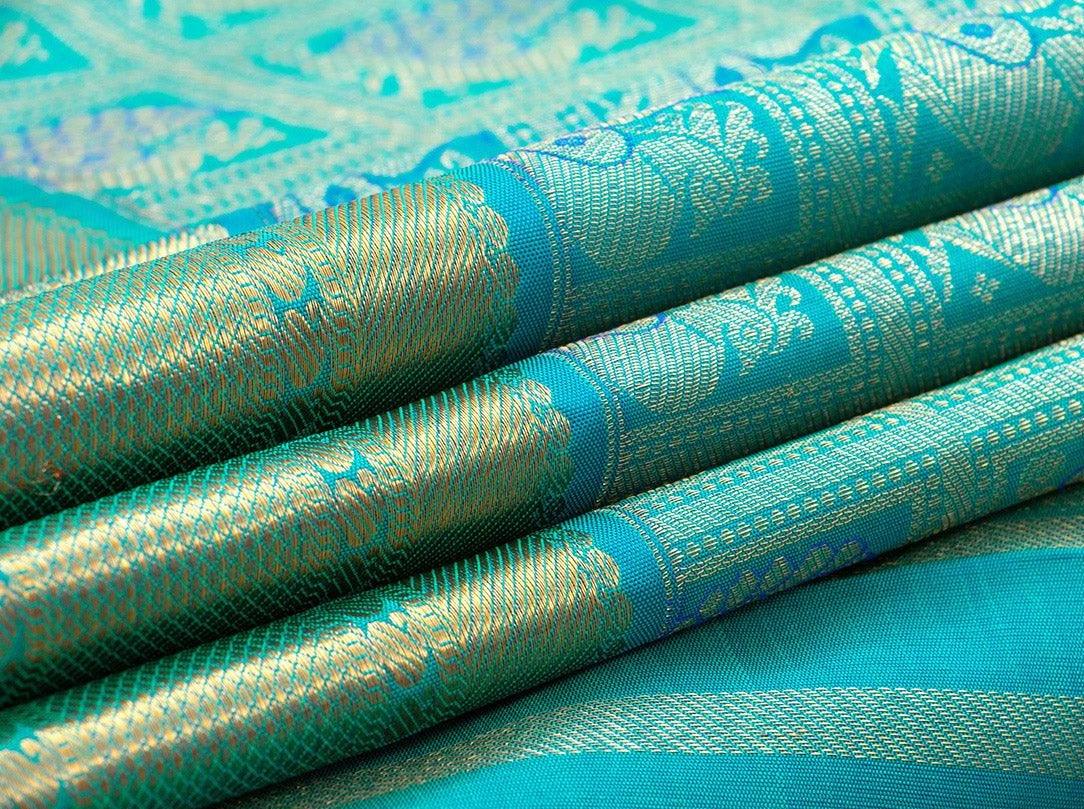 Turquoise Blue Zari Checks Kanchipuram Silk Saree Handwoven Pure Silk Pure Zari For Party Wear PV NYC 431 - Silk Sari - Panjavarnam PV NYC 431