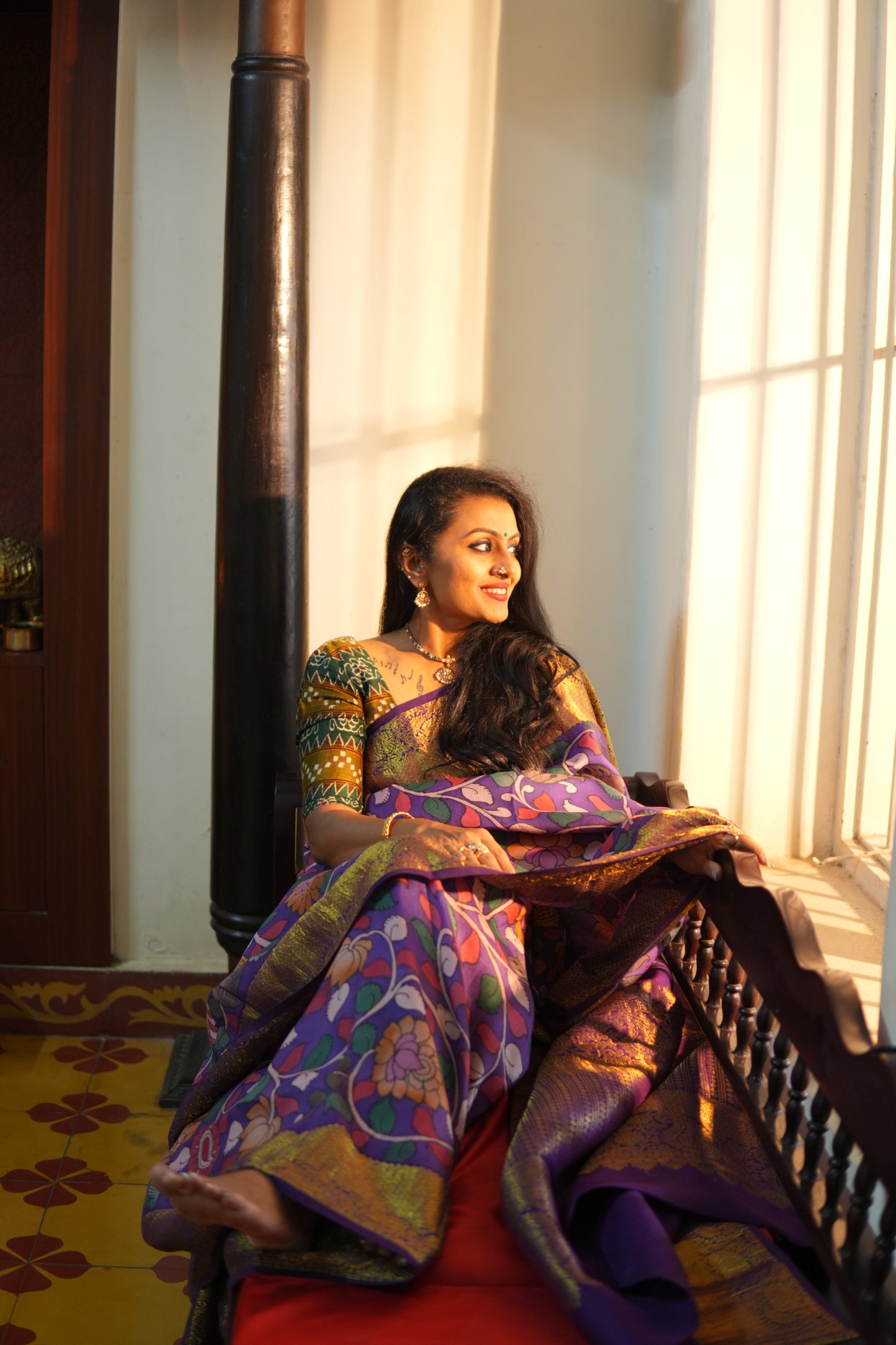 Mauve And Red Handpainted Kalamkari Kanchipuram Silk Saree For Festive Wear SRK KK 106