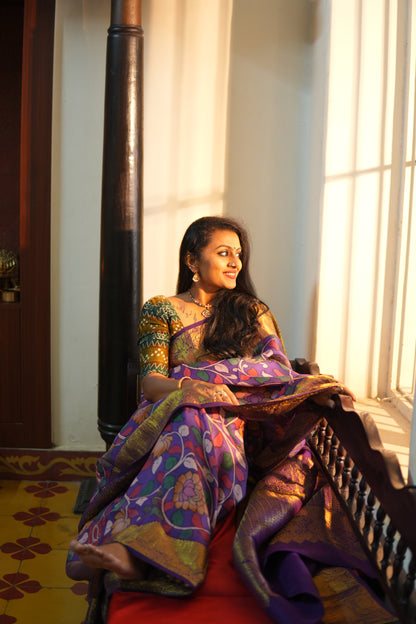 Mauve And Red Handpainted Kalamkari Kanchipuram Silk Saree For Festive Wear SRK KK 106