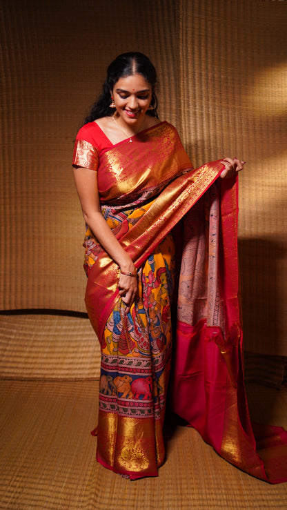 Yellow And Red Handpainted Kalamkari Kanchipuram Silk Saree WeddingTheme Pure Zari PV SRK KK 101