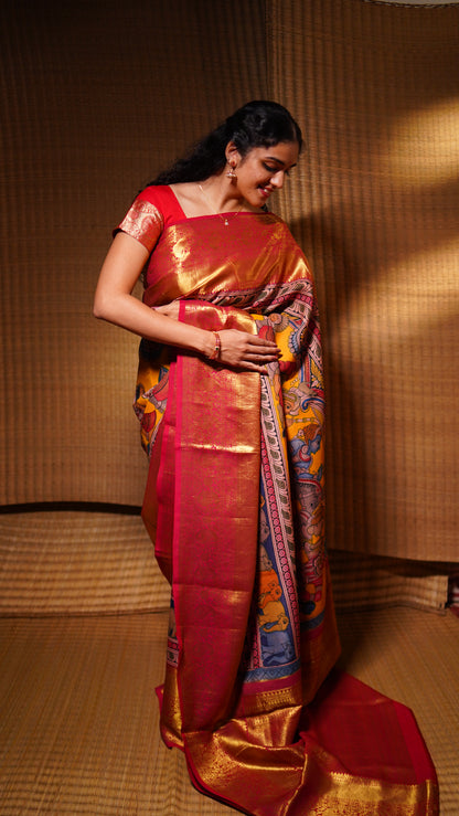 Yellow And Red Handpainted Kalamkari Kanchipuram Silk Saree WeddingTheme Pure Zari PV SRK KK 101