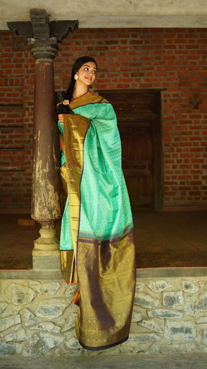 Sea Green And Brown Kanchipuram Silk Saree With Medium Border Handwoven Pure Silk For Wedding Wear PV NYC 1118