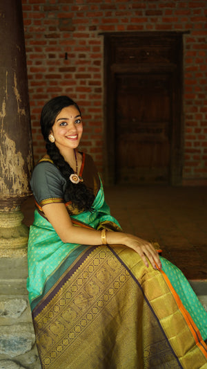 Sea Green And Brown Kanchipuram Silk Saree With Medium Border Handwoven Pure Silk For Wedding Wear PV NYC 1118