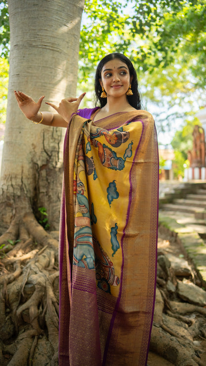 Yellow And Magenta Handpainted Kalamkari Kanchipuram Silk Saree Krishna Leela Theme Pure Zari PKK 15