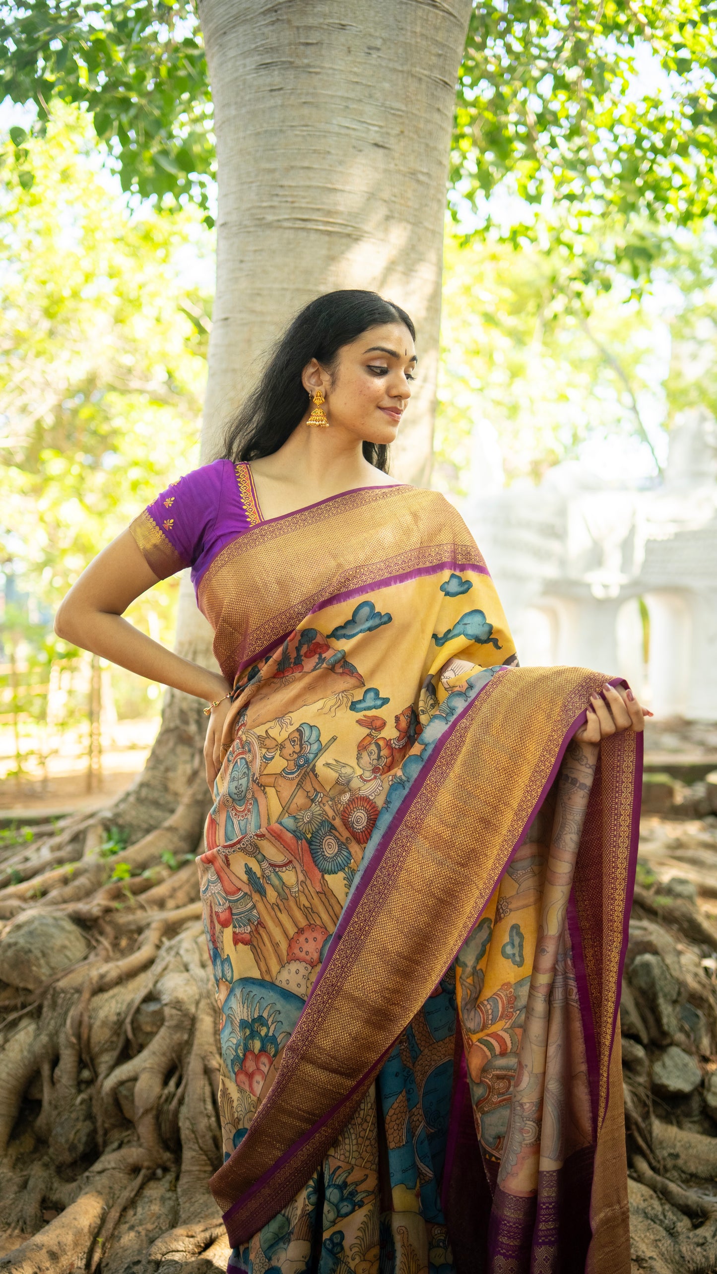 Yellow And Magenta Handpainted Kalamkari Kanchipuram Silk Saree Krishna Leela Theme Pure Zari PKK 15