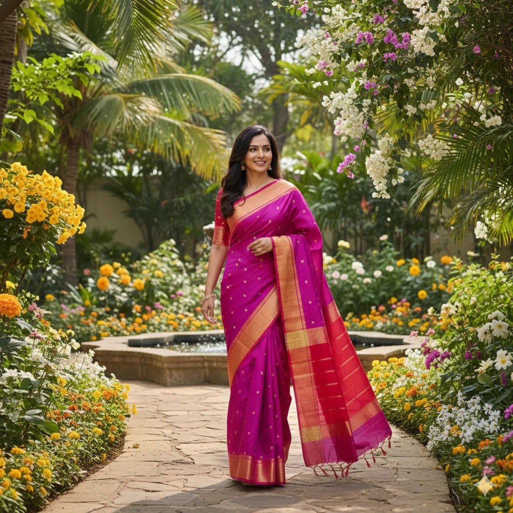 Purple And Red Thirubuvanam Silk Saree For Festive Wear PV ABI 439 - Thirubuvanam Silks - Panjavarnam PV ABI 439