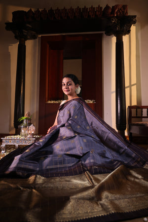 Grey And Black Kanchipuram Silk Saree With Medium Border Handwoven Pure Silk For Festive Wear PV NYC 1199