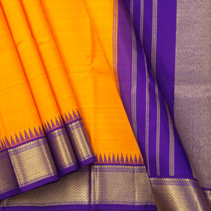 Yellow and Violet Kanchipuram Silk Saree WIth Temple Korvai Border For Wedding Wear PV NYC 1353