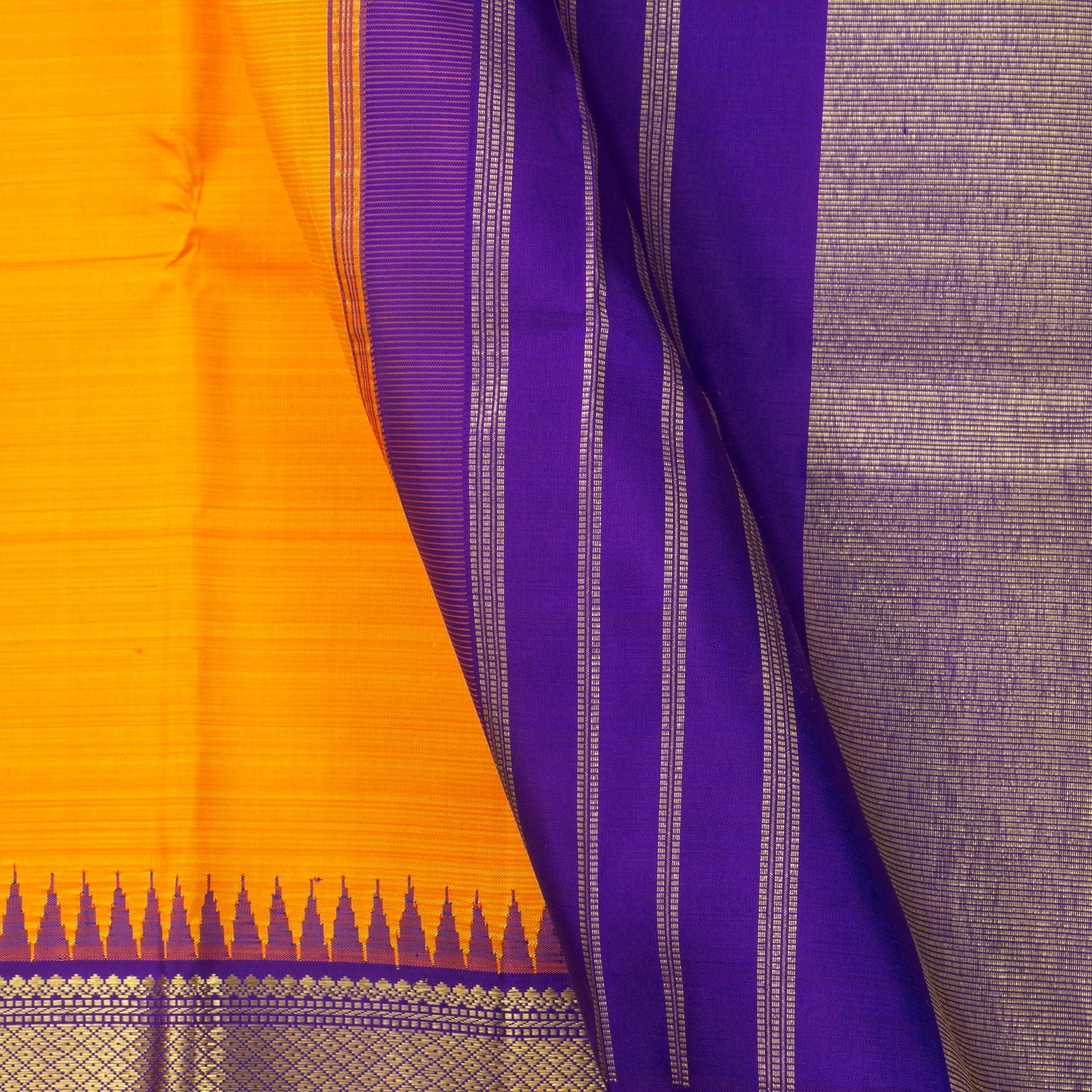 Yellow and Violet Kanchipuram Silk Saree WIth Temple Korvai Border For Wedding Wear PV NYC 1353