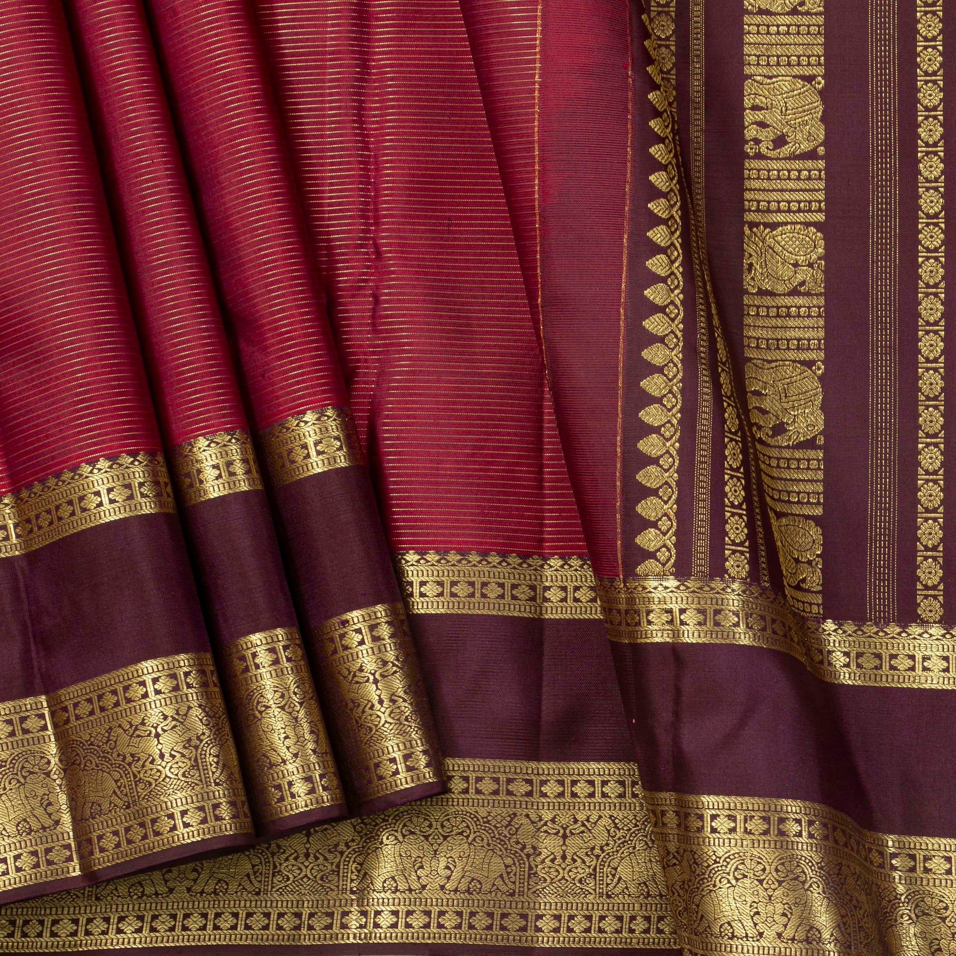 Maroon And Deep Purple Kanchipuram Silk Saree With Vaira Oosi Zari Stripes PV MEN 281 - Silk Sari - Panjavarnam PV MEN 281