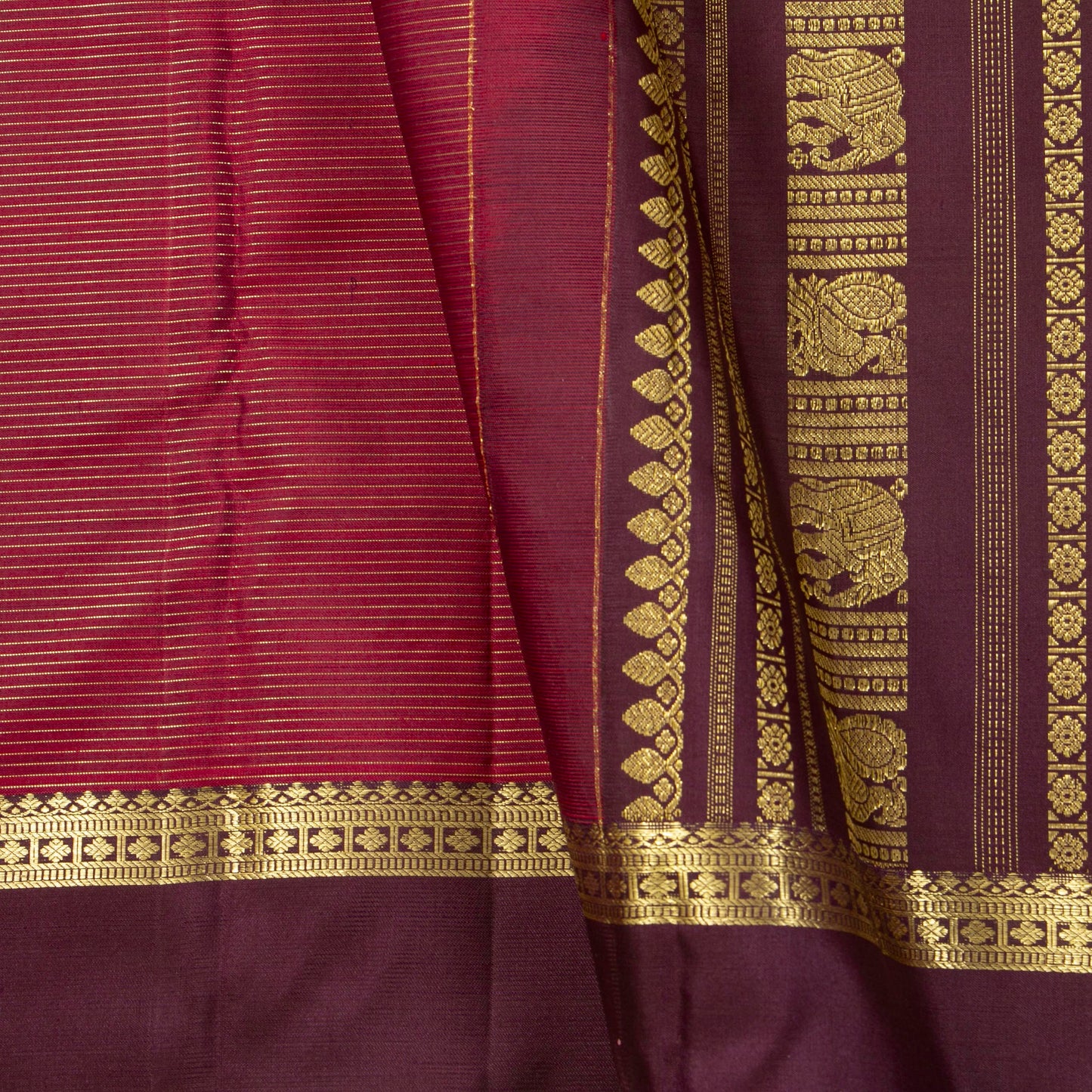 Maroon And Deep Purple Kanchipuram Silk Saree With Vaira Oosi Zari Stripes PV MEN 281 - Silk Sari - Panjavarnam PV MEN 281