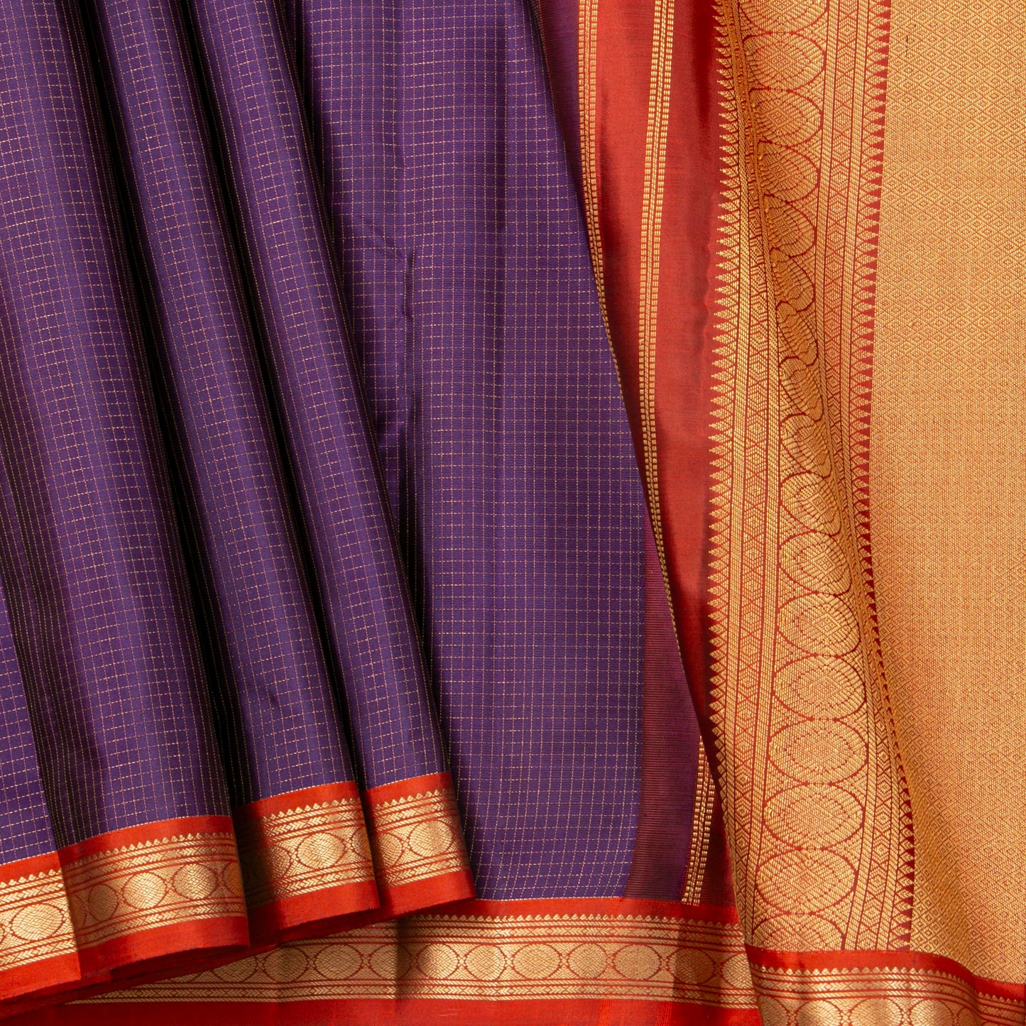 Purple And Red Kanchipuram Silk Saree With Zari Checks For Festive Wear PV MEN 140
