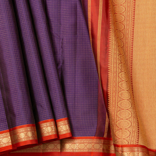 Purple And Red Kanchipuram Silk Saree With Zari Checks For Festive Wear PV MEN 140