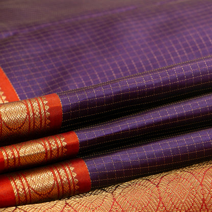 Purple And Red Kanchipuram Silk Saree With Zari Checks For Festive Wear PV MEN 140