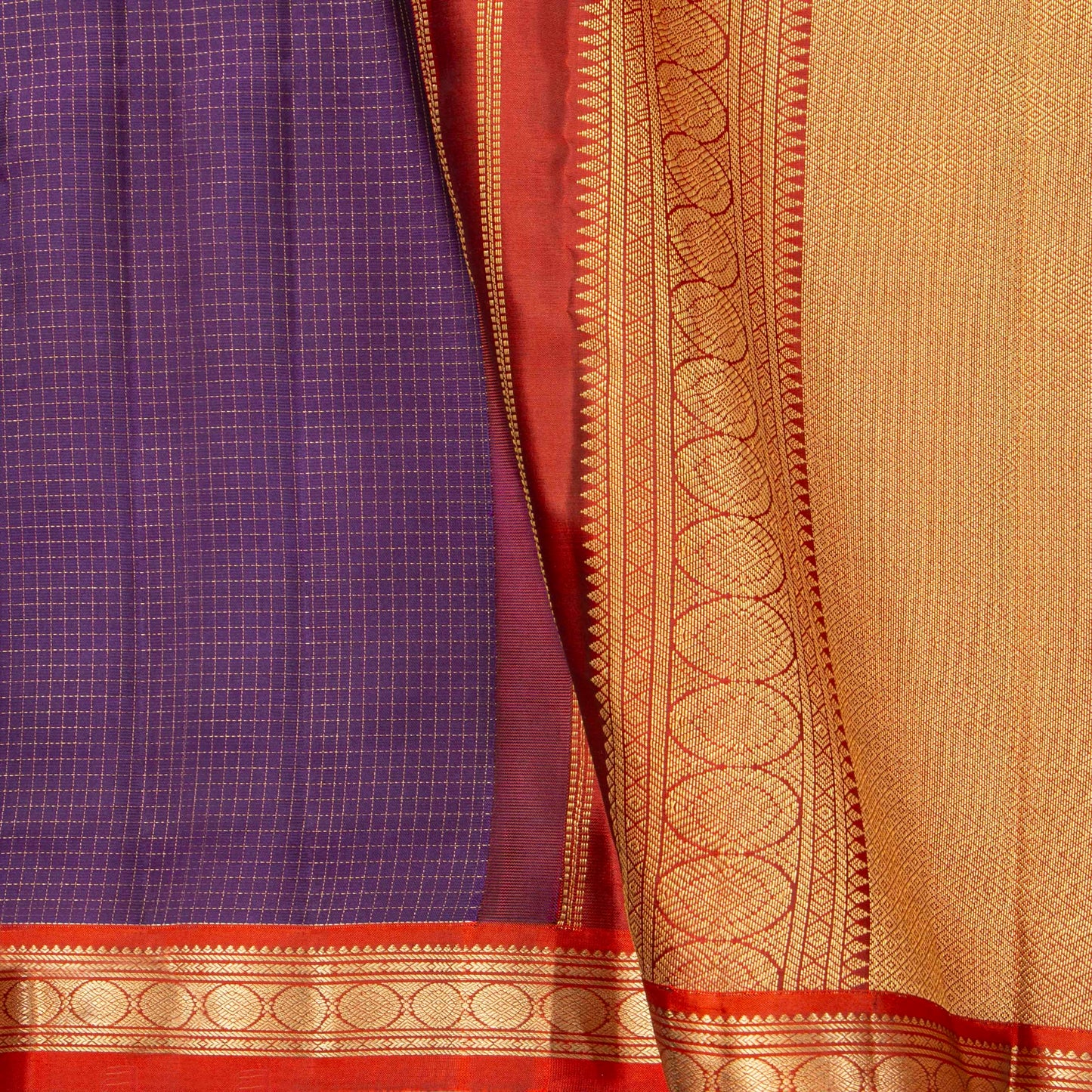 Purple And Red Kanchipuram Silk Saree With Zari Checks For Festive Wear PV MEN 140