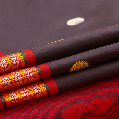 Brown And Red Kanchipuram No Zari Silk Saree For Festive Wear PV NYC 1264