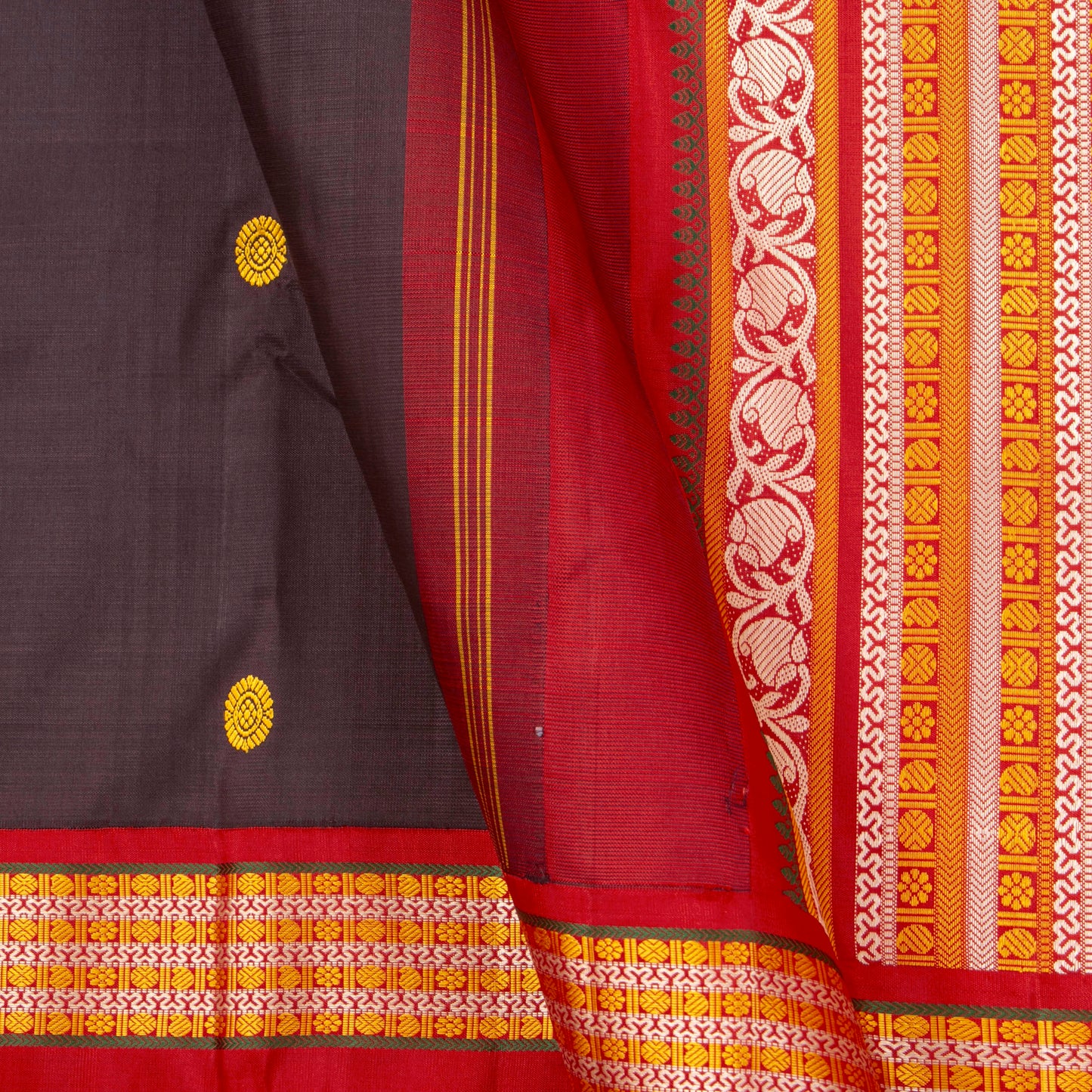 Brown And Red Kanchipuram No Zari Silk Saree For Festive Wear PV NYC 1264