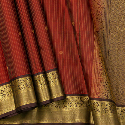 Maroon And Brown Kanchipuram Silk Saree With Zari Stripes For Festive Wear PV MEN 144 - Silk Sari - Panjavarnam PV MEN 144