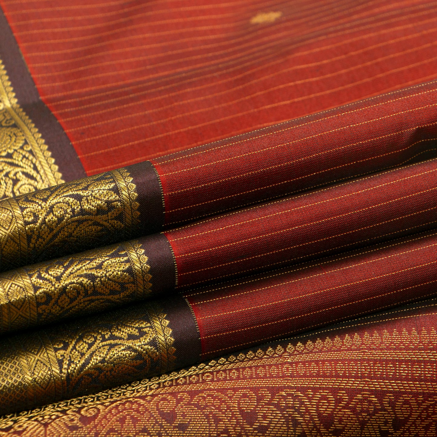 Maroon And Brown Kanchipuram Silk Saree With Zari Stripes For Festive Wear PV MEN 144 - Silk Sari - Panjavarnam PV MEN 144