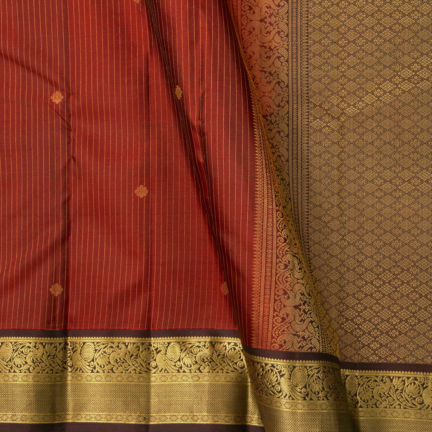 Maroon And Brown Kanchipuram Silk Saree With Zari Stripes For Festive Wear PV MEN 144 - Silk Sari - Panjavarnam PV MEN 144
