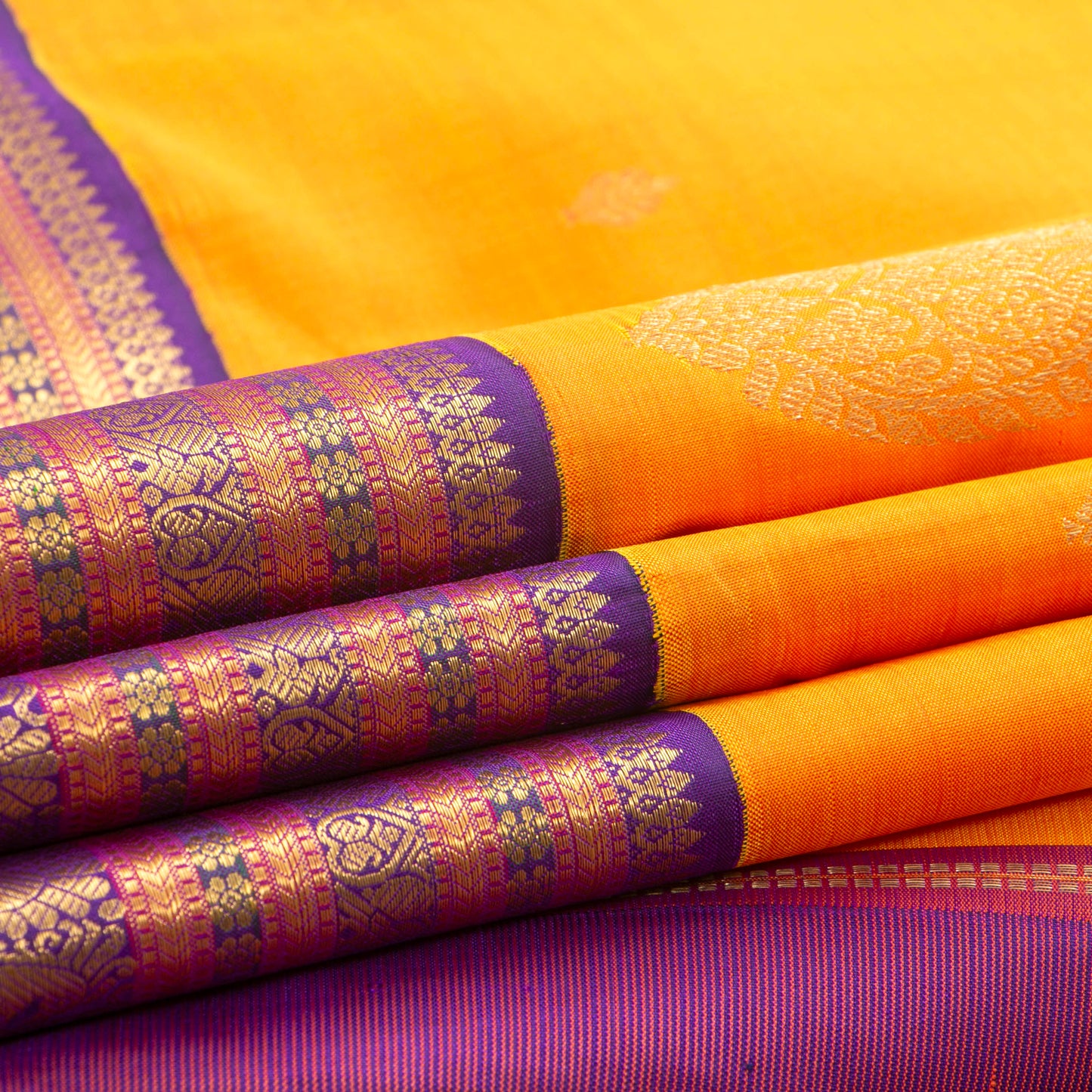 Yellow And Purple Kanchipuram Silk Saree For Wedding Wear PV NYC 1319