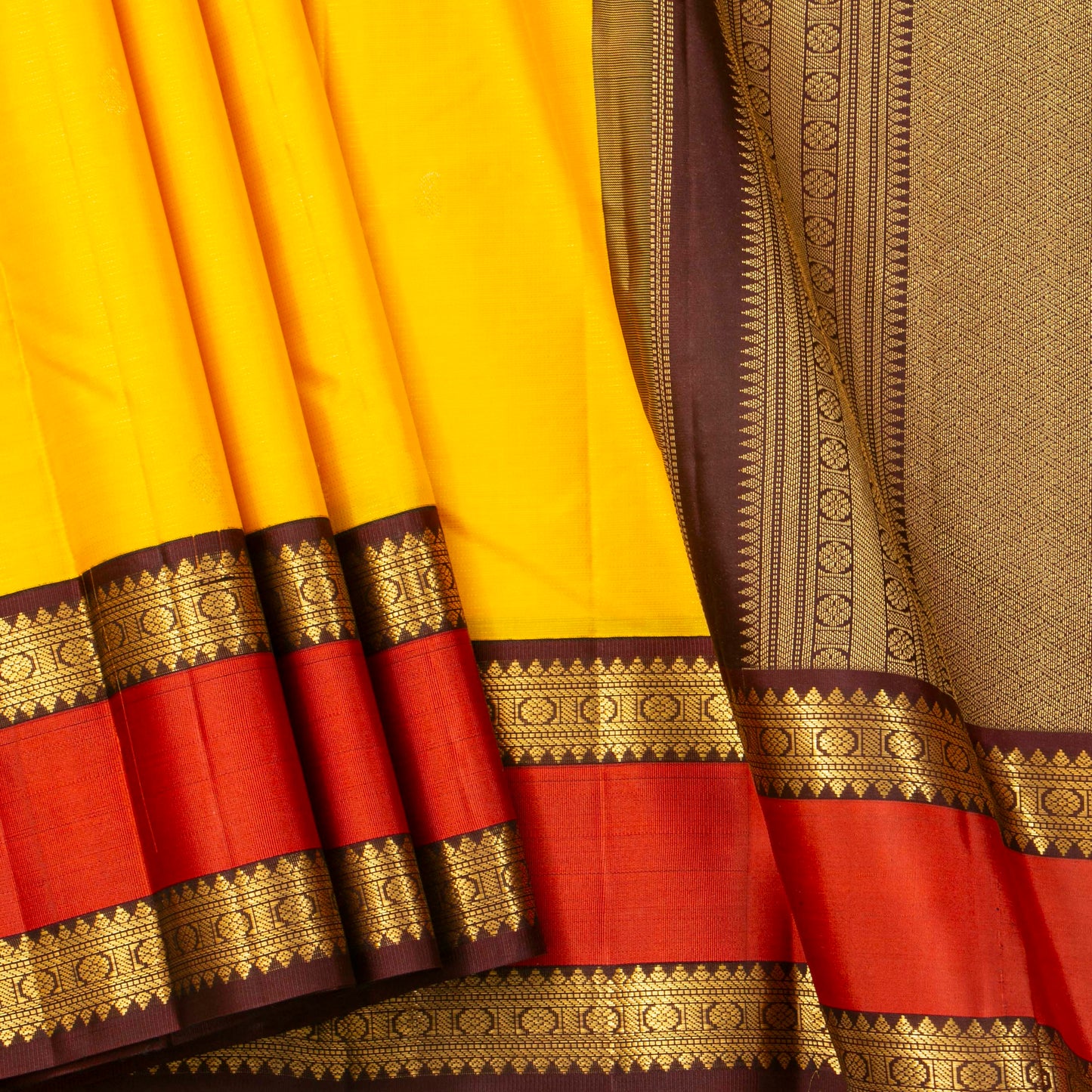 Yellow And Brown Kanchipuram Silk Saree For Festive Wear PV MEN 210