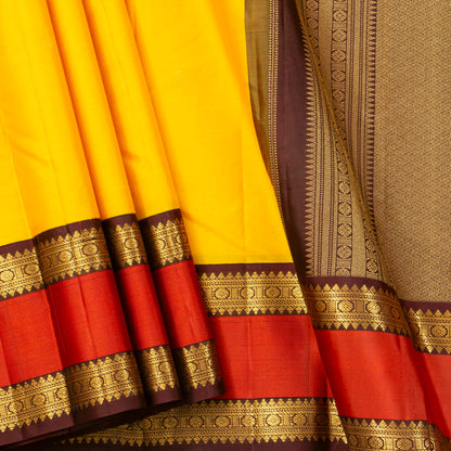 Yellow And Brown Kanchipuram Silk Saree For Festive Wear PV MEN 210