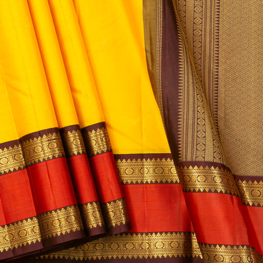 Yellow And Brown Kanchipuram Silk Saree For Festive Wear PV MEN 210